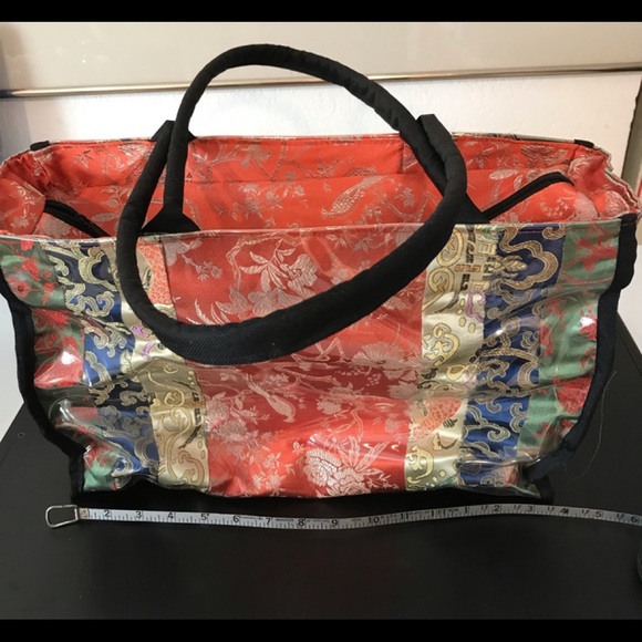 Huge Asian Jewel Tone Purse/Tote Chinoiserie Big Structured Plastic Outer Lining - Picture 12 of 16